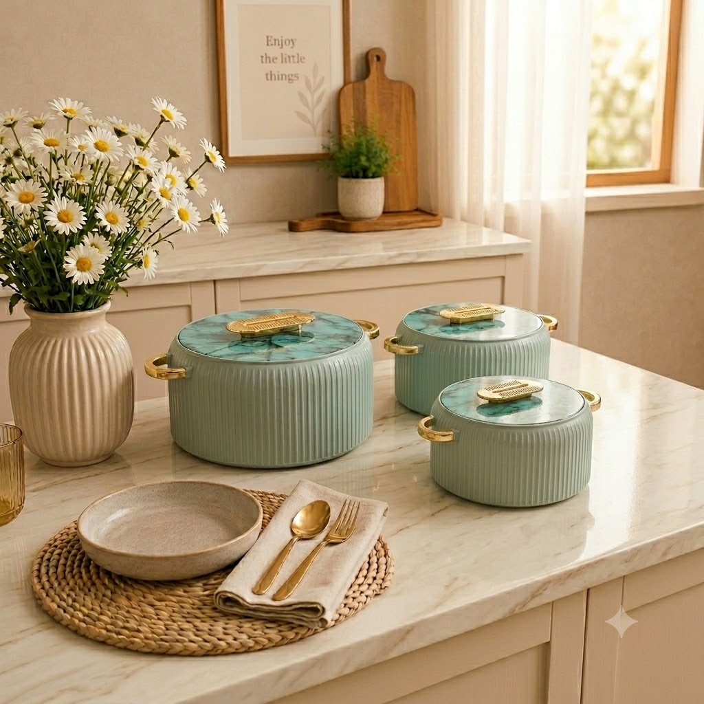 3-Piece Insulated Hot Pot Set With Marble Finish Lid Green at Zubaidas Homestore Pakistan