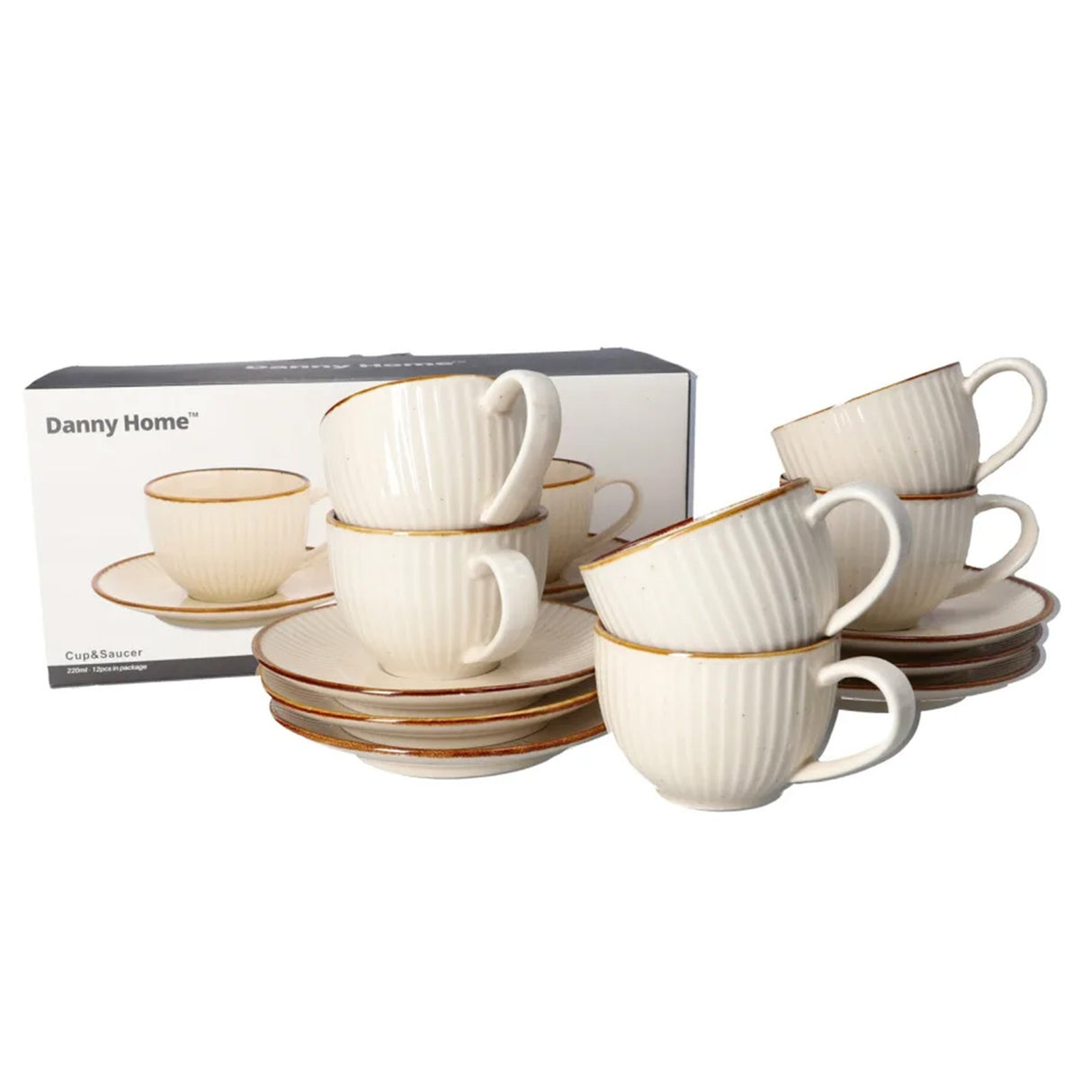 Danny Home Cup and Saucer Set 6 Pieces Ribbed Ceramic with Golden Rim at Zubaidas Homestore Pakistan