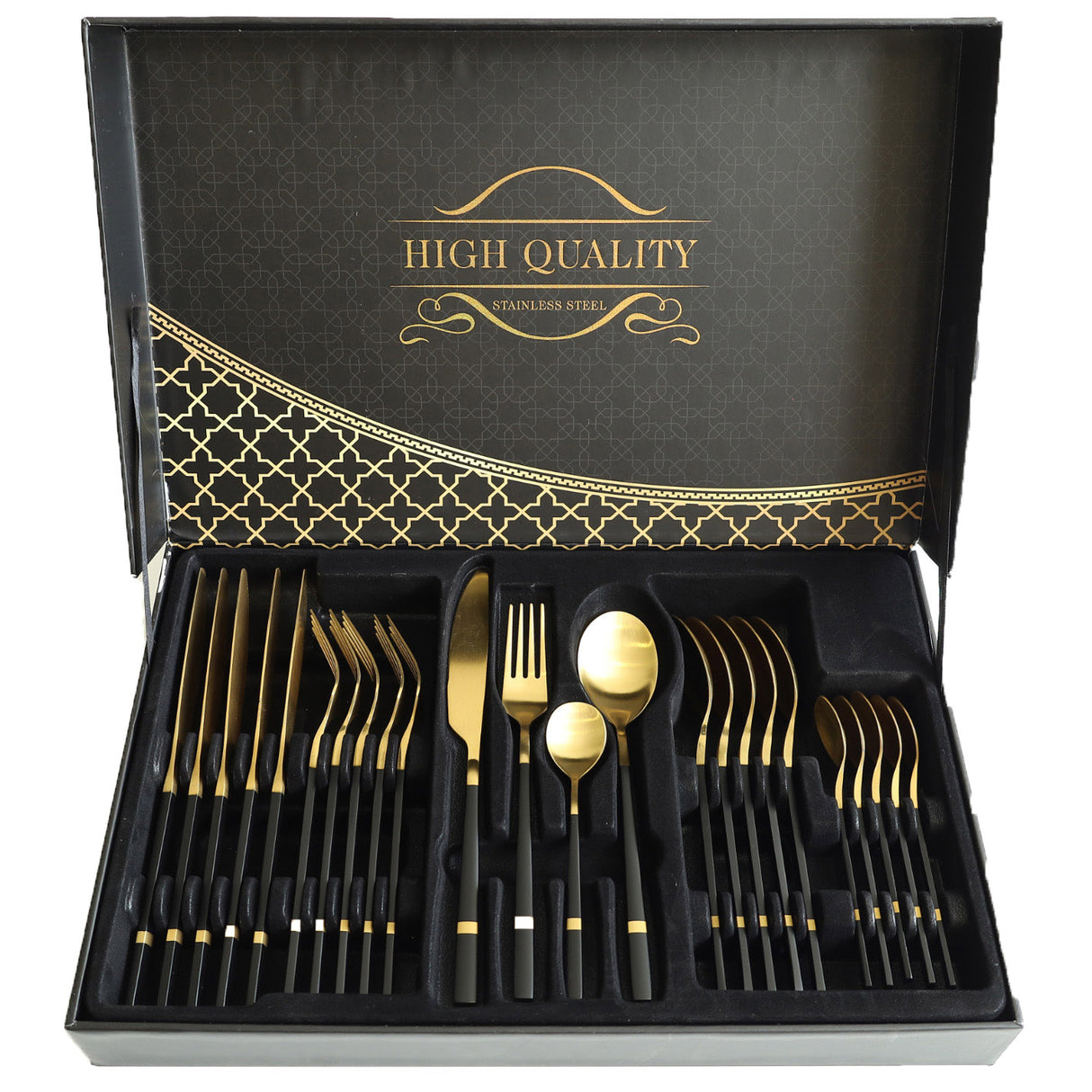 Stainless Steel 24 Piece Cutlery Set Golden Black HB-A01-3B at Zubaidas Homestore Pakistan