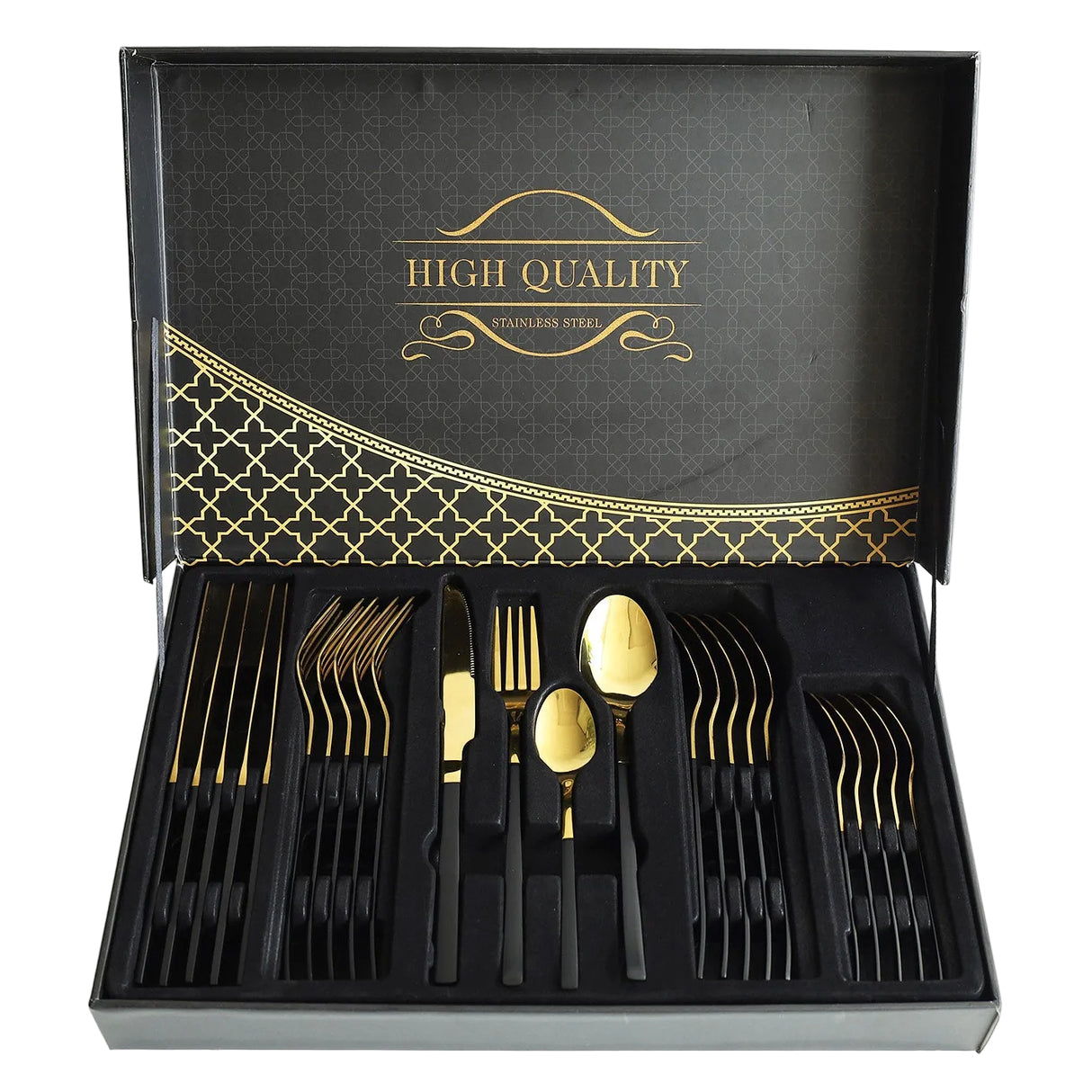 Stainless Steel 24 Piece Cutlery Set Black Golden at Zubaidas Homestore Pakistan