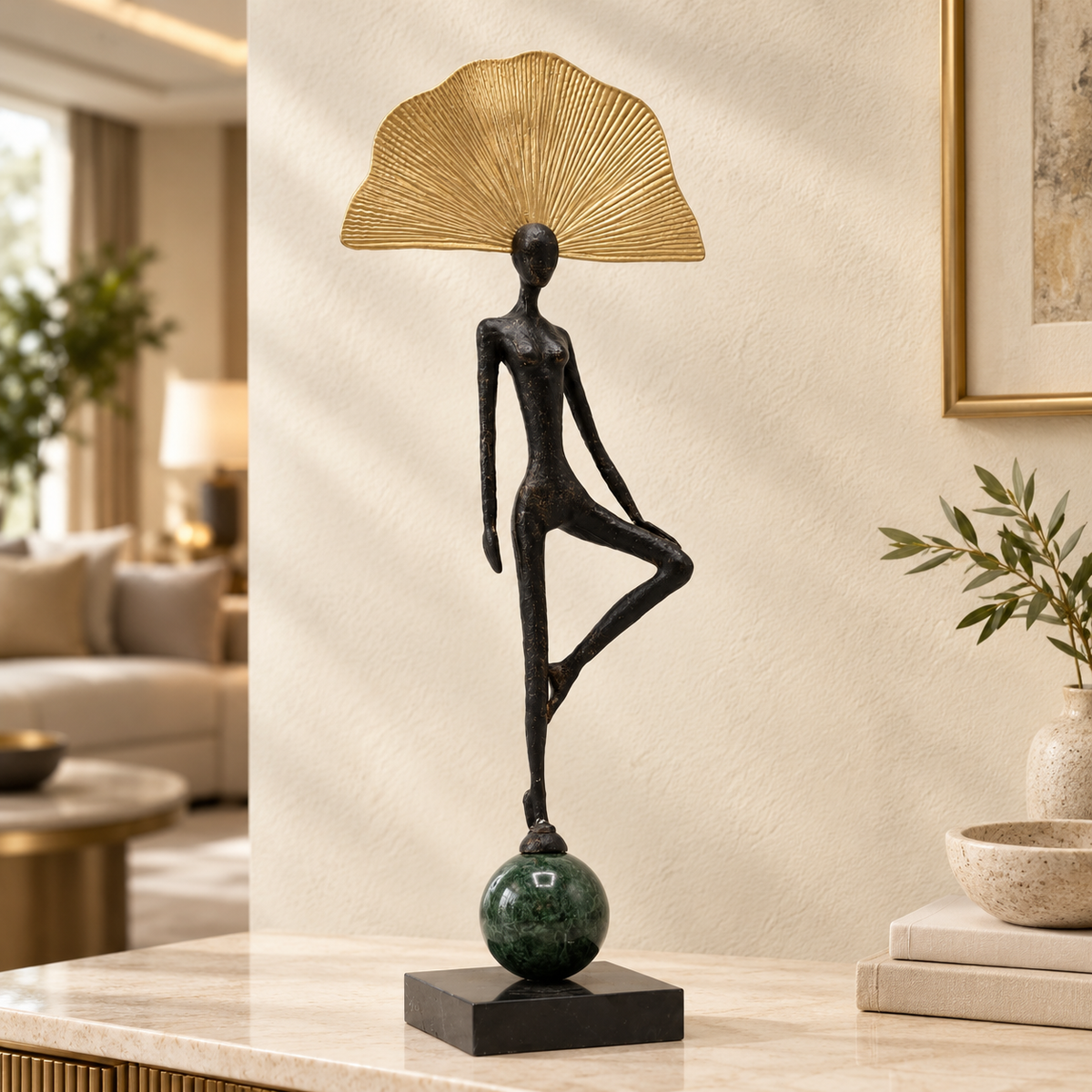 Abstract Female Figurine with Golden Fan Decorative Sculpture at Zubaidas Homestore