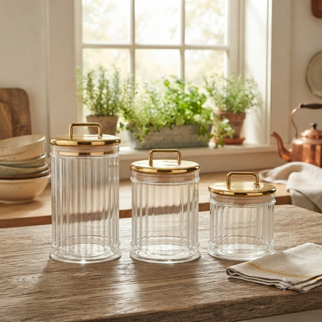 Acrylic 3 Pieces Airtight Jar Set of 3 Gold at Zubaidas Homestore Pakistan