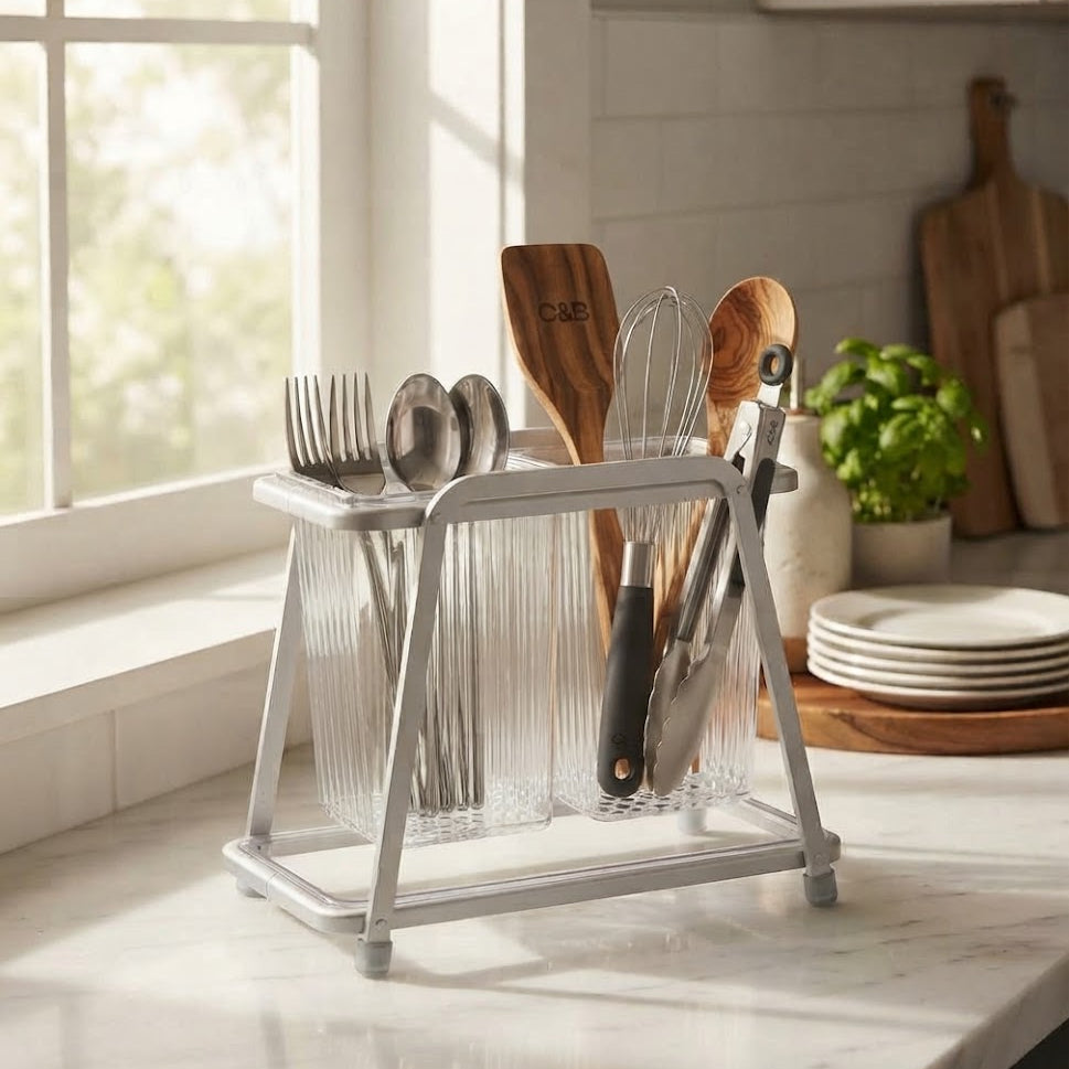 Acrylic Double Cutlery Holder with Stand Silver at Zubaidas Homestore