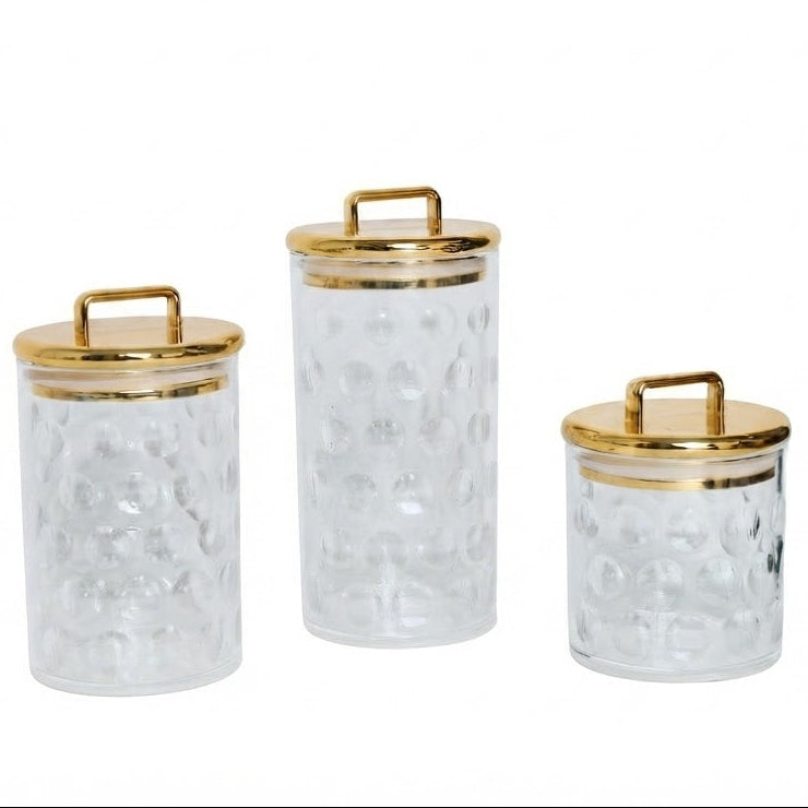 Acrylic Storage Jar Set of 3 Clear Polka Dot Gold Lid at Zubaidas No#1 Homestore Best for Home Shopping in Pakistan