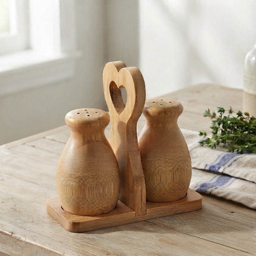 Bamboo Salt and Pepper Shaker Set with Heart Caddy at Zubaidas Homestore