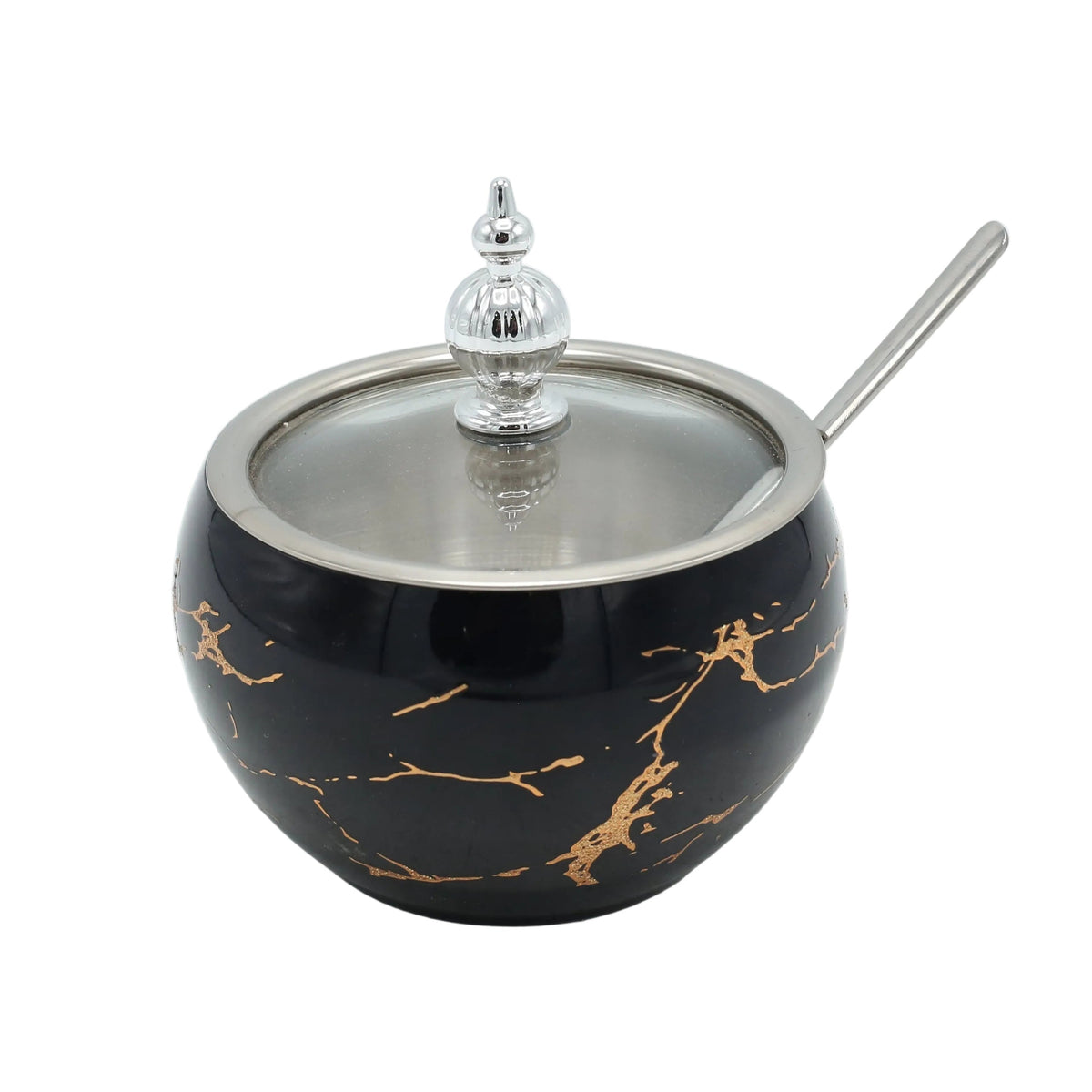 Black Marble Pattern Sugar Pot with Glass Lid at Zubaidas Homestore-The Largest Collection of Sugar Pots In Pakistan