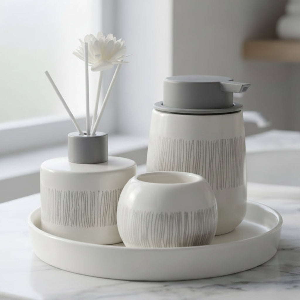 Brilliant 4 Pieces Grey Striped Bathroom Accessory Set at Zubaidas Homestore. Online Pakistan