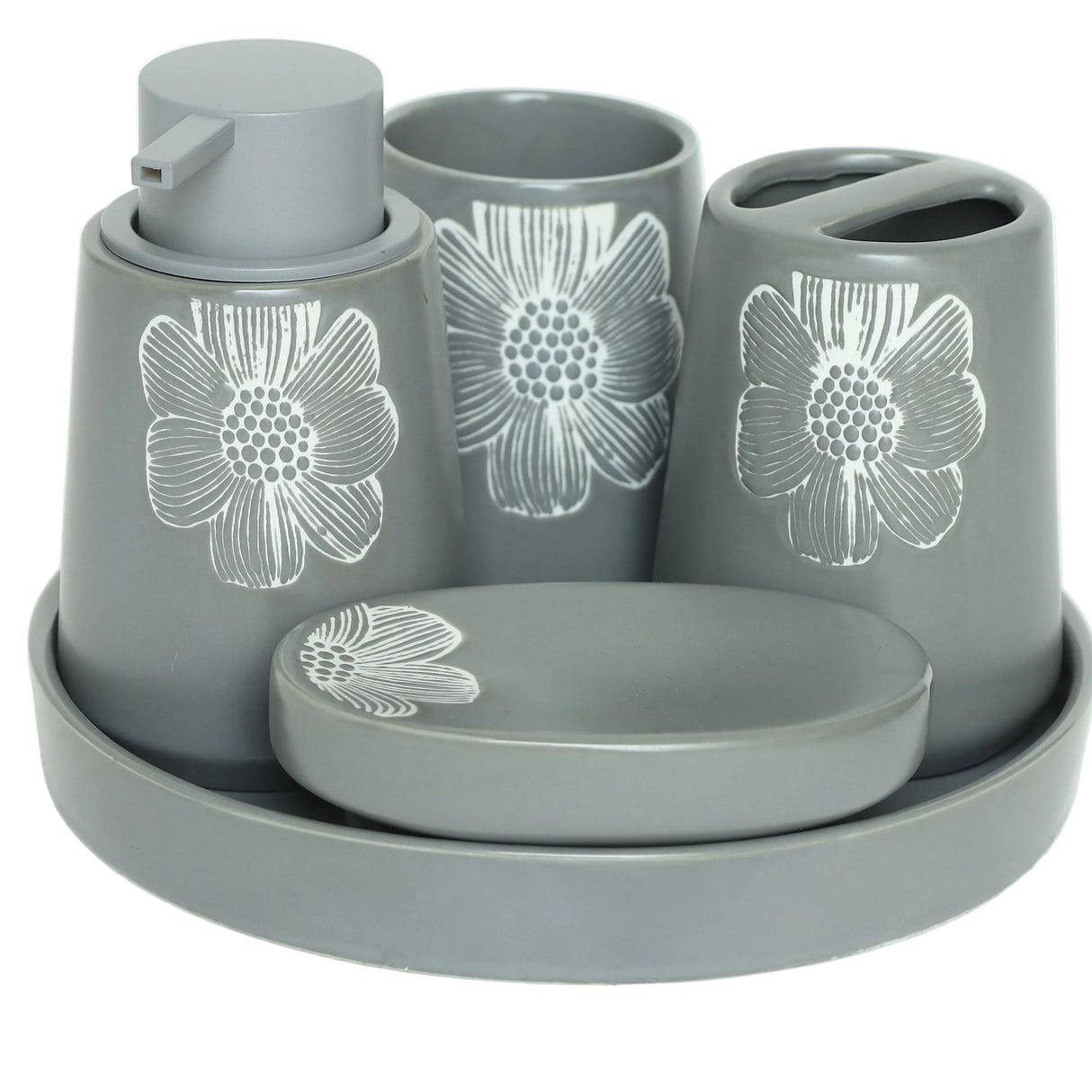 Brilliant 5 Pieces Grey Floral Bathroom Accessory Set at Zubaidas Homestore. Most Trusted Homestore in Pakistan