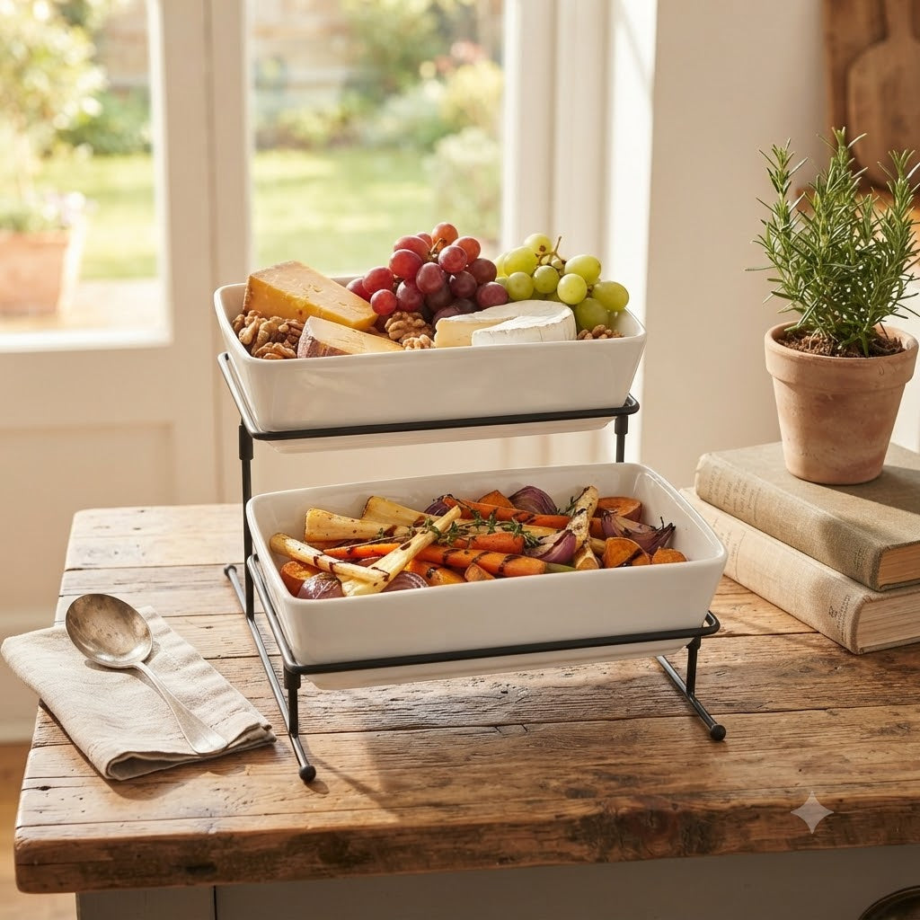 Brilliant Porcelain 2-Tier Rectangular Plate with Black Stand at Zubaidas Homestore Pakistan
