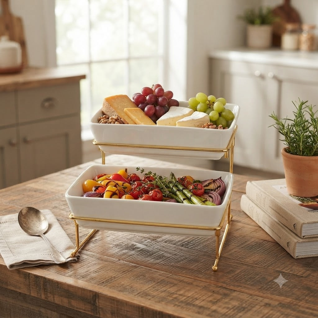Brilliant Porcelain 2-Tier Rectangular Plate with Gold Stand at Zubaidas Homestore Pakistan