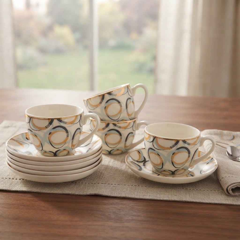 Ceramic Geometric Print Cup and Saucer 6 Pieces Set at Zubaidas Homestore
