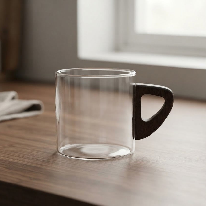 Clear Glass Cup with Wooden Handle 65MM at Zubaidas Homestore