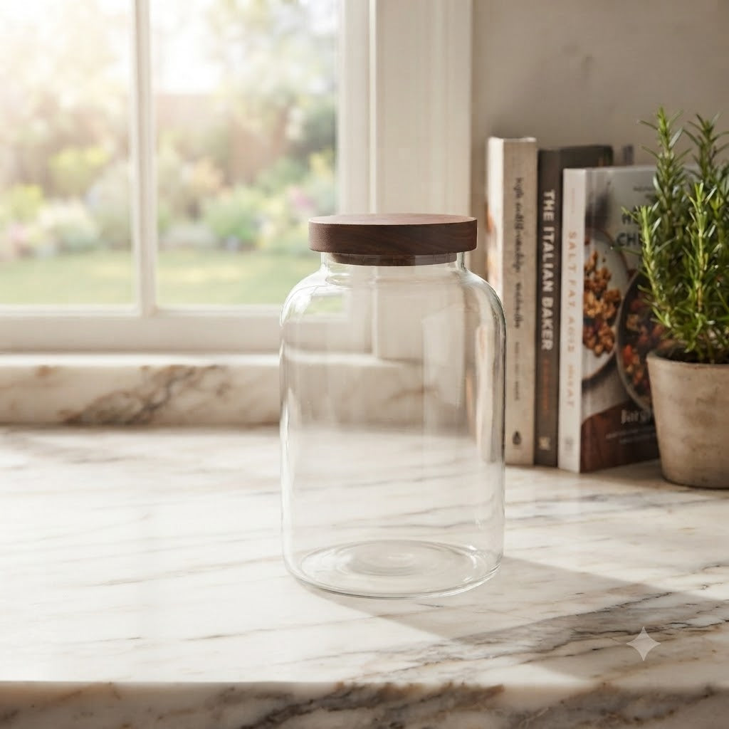 Clear Glass Storage Jar with Wooden Lid 1000ML at Zubaidas Homestore Pakistan