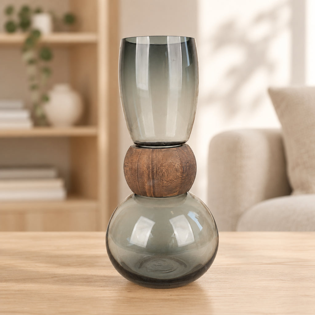 Contemporary Totem Style Glass Vase with Wooden Ring Accent at Zubaidas Homestore