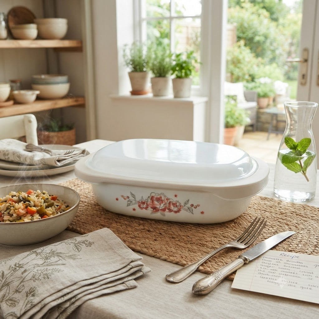 Corelle Brushed Stroke Roses Oblong Dish with Plastic lid 2.83L at Zubaidas Homestore Pakistan