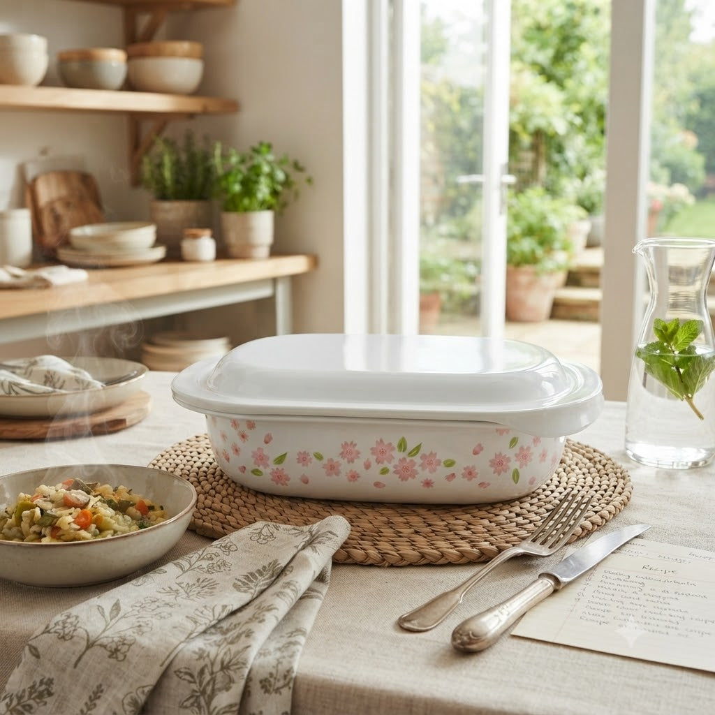 Corelle Sakura Oblong Casserole Set with Plastic lid 2.83L at Zubaidas Homestore Pakistan