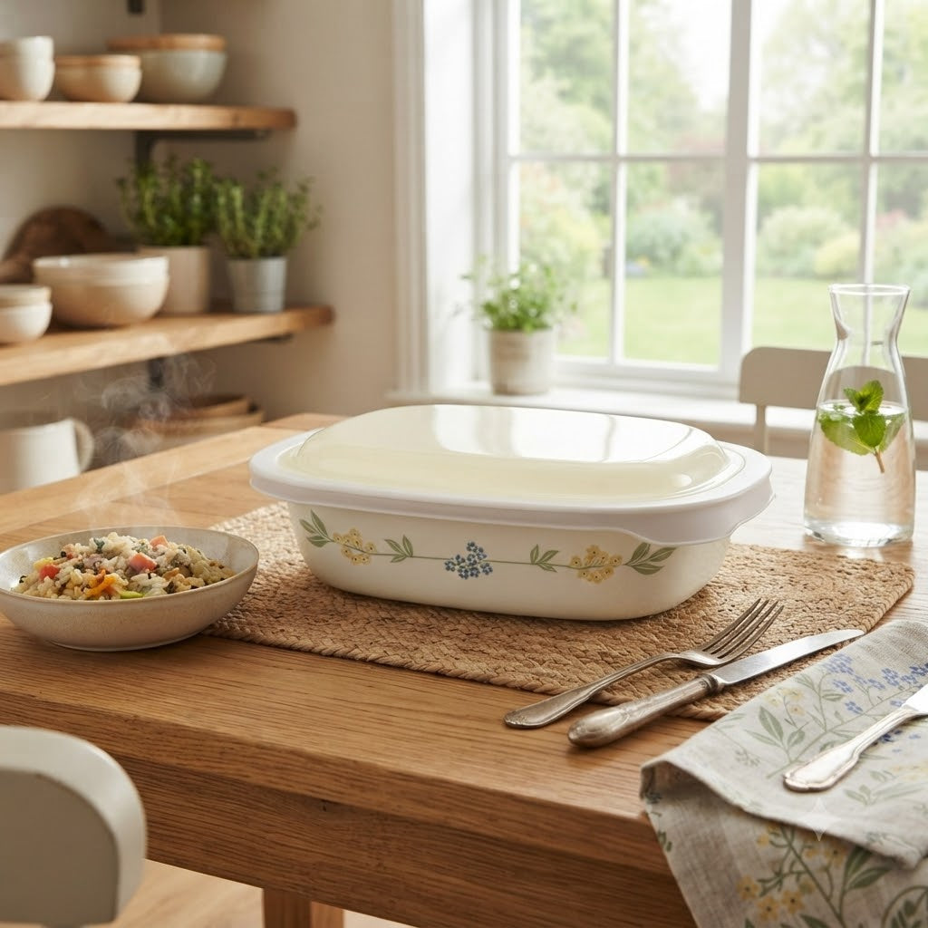 Corelle Secret Garden Oblong Dish with Plastic lid 1.89L at Zubaidas Homestore Pakistan