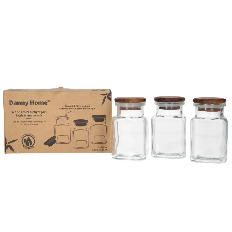 Danny Home Acacia Wood Lid Glass Jar 3 Pieces Set 75ml at Zubaidas Homestore