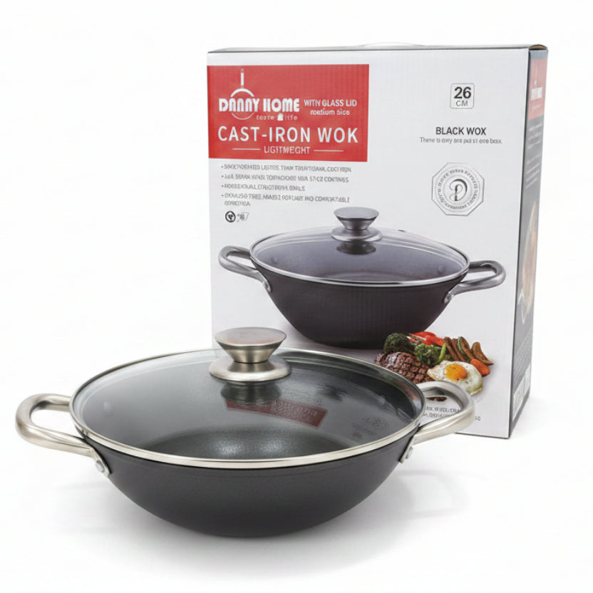 Danny Home Cast Iron Non Stick Wok With Glass Lid 26x9cm at Zubaidas Homestore