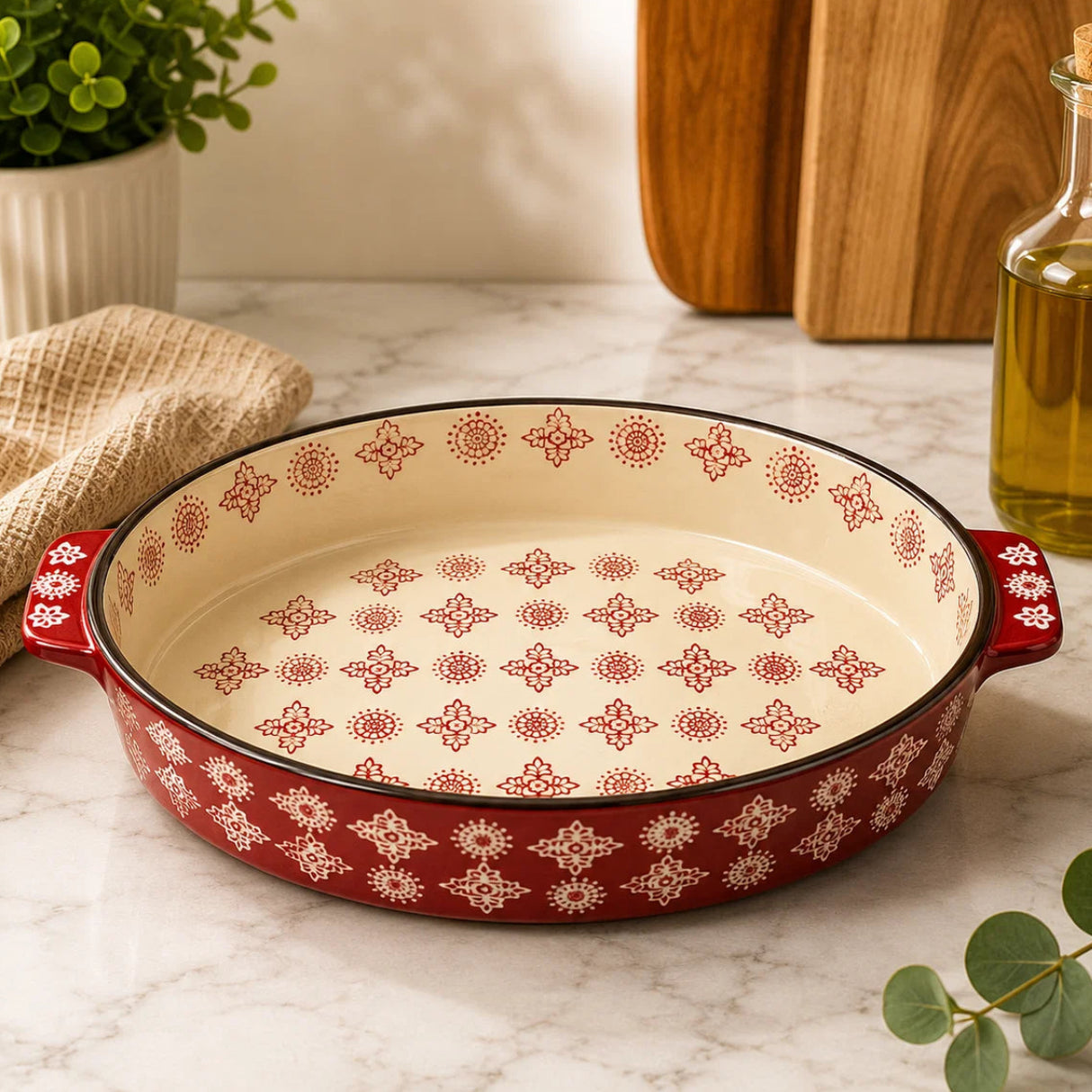 Danny Home Ceramic Red Pattern Oven Bakeware Dish 28cm at Zubaidas Homestore