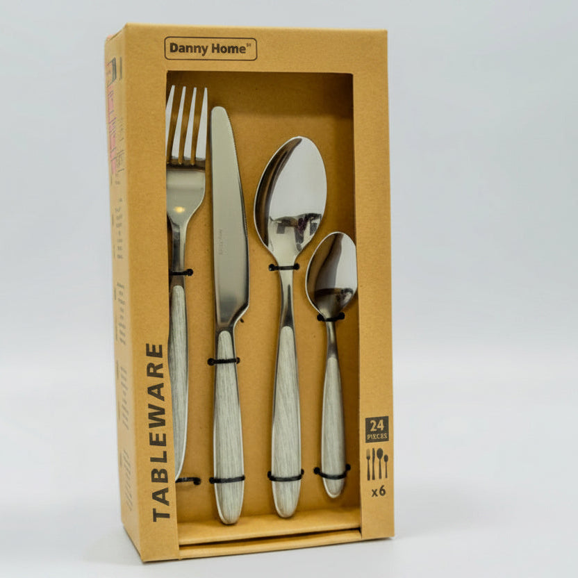 Danny Home Cutlery Set Grey Wood Effect 24 Pieces at Zubaidas Homestore