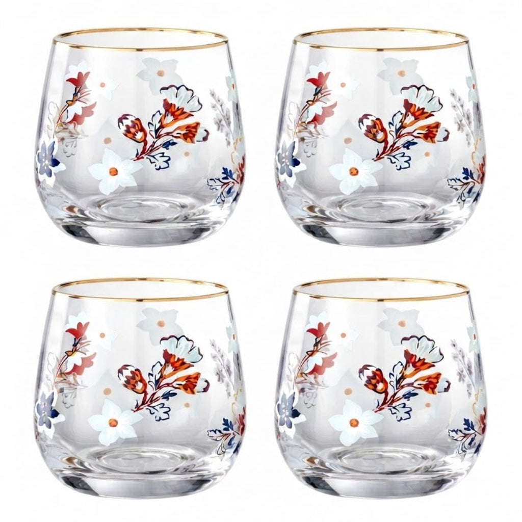 Danny Home Floral Gold Rim 4 Pieces Glass Set 345ml at Zubaidas Homestore Pakistan