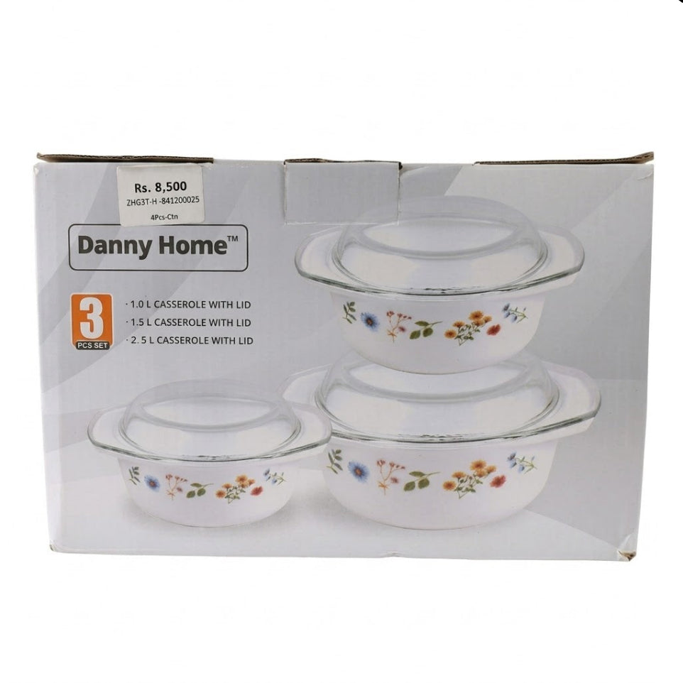 Danny Home Opal Glass Flower Design Casserole 3 Pieces Set at Zubaidas Homestore Pakistan