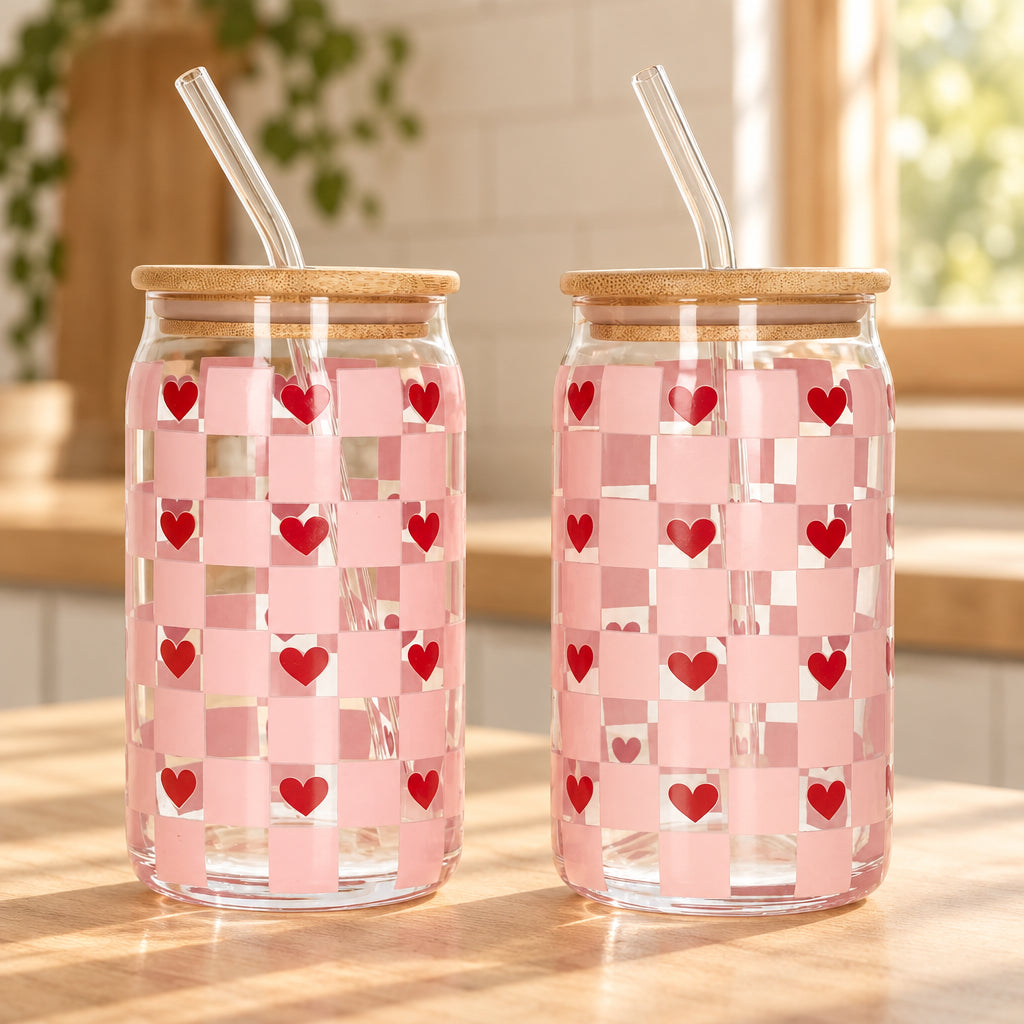 Danny Home Pink Checkered Glass Tumbler 2 Pieces Set 500ml at Zubaidas Homestore Pakistan