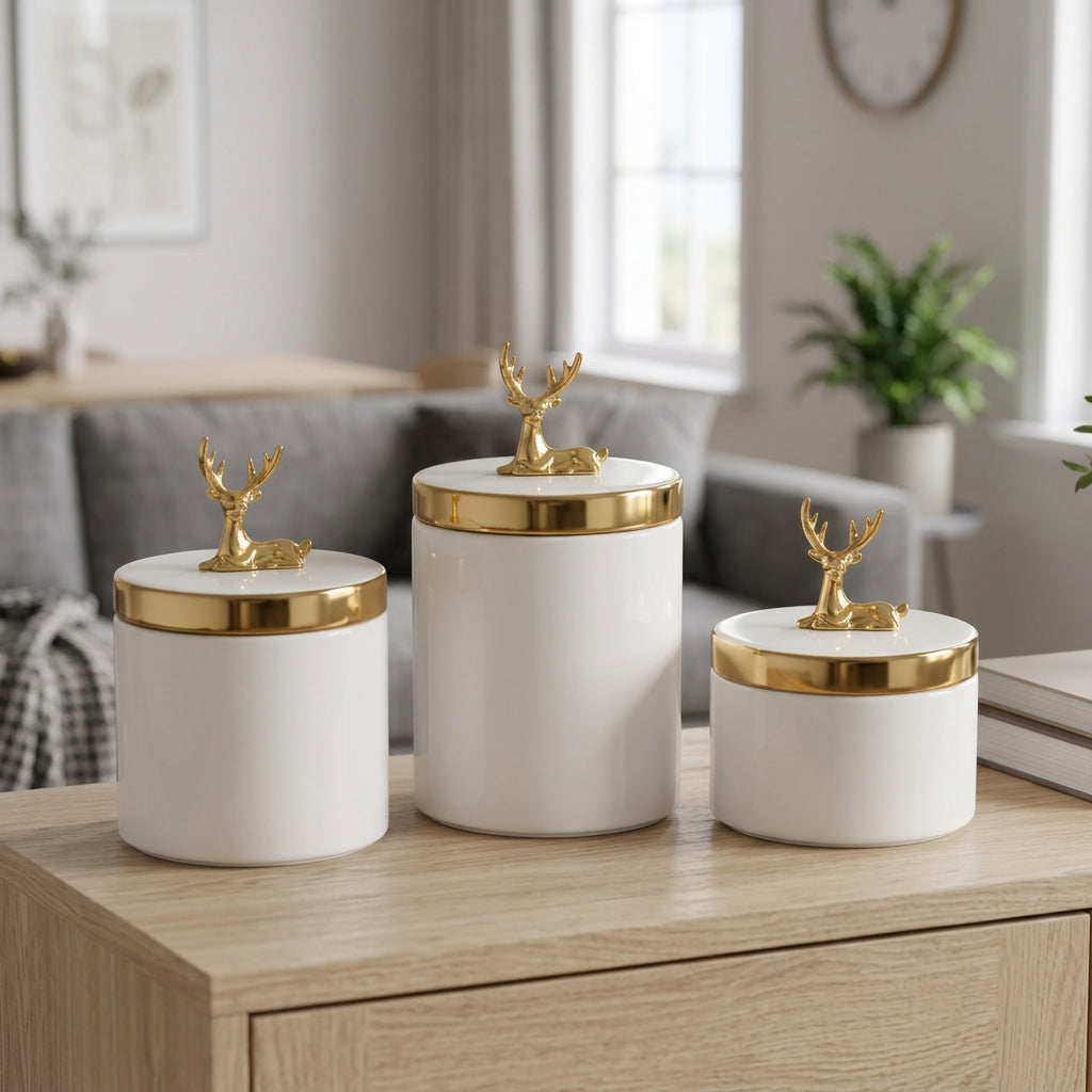 Decorative Ceramic Candy Jar 3 Pieces Set with Gold Accent at Zubaidas Homestore