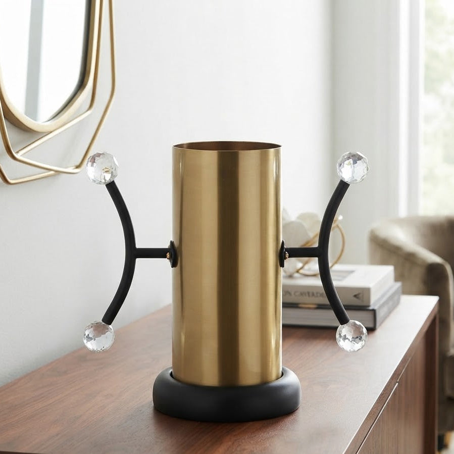 Decorative Cylindrical Golden and Black Metal Vase at Zubaidas Homestore