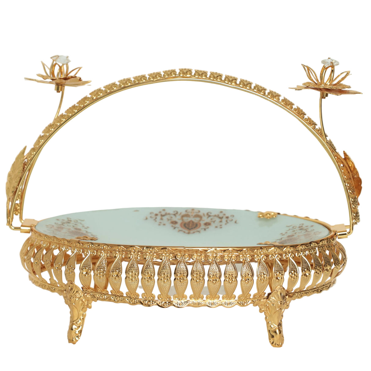 Decorative Golden Serving Platter with Handle and Floral Accents at Zubaidas Homestore Pakistan