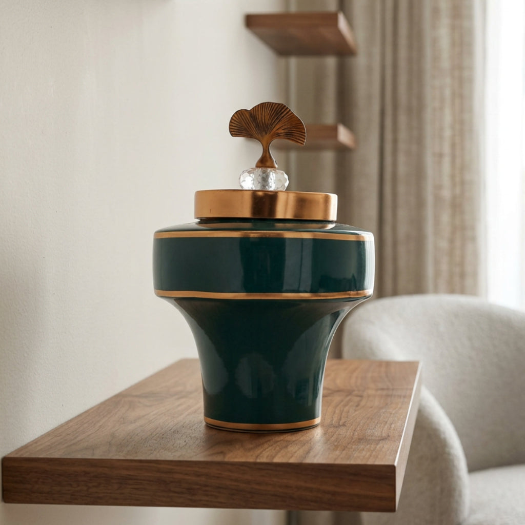 Decorative Jar Green with Golden Lid at Zubaidas Homestore