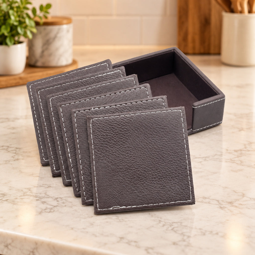 Faux Leather Textured Coaster 7 Pcs Set with Storage Holder at Zubaidas Homestore