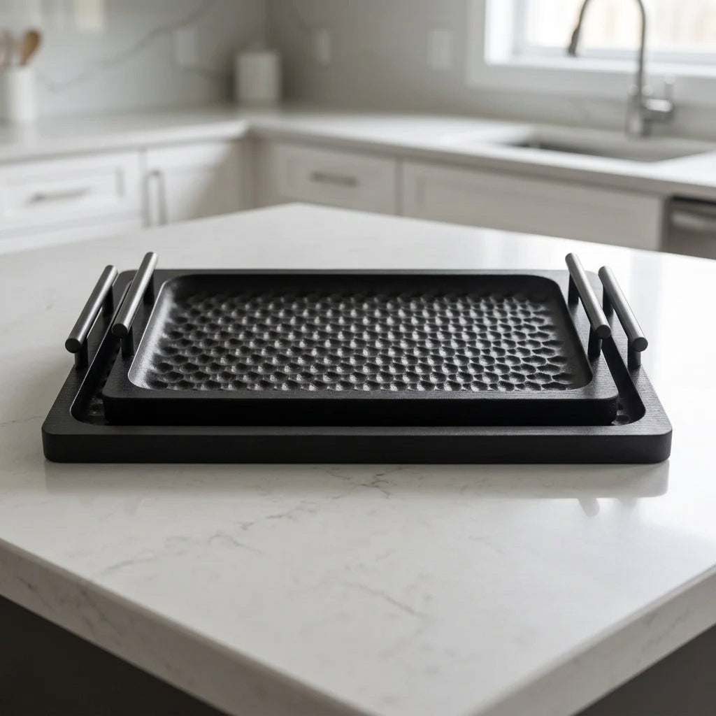 Fiber Rectangular Serving Tray with Handles 2 Pieces Set Black at Zubaidas Homestore