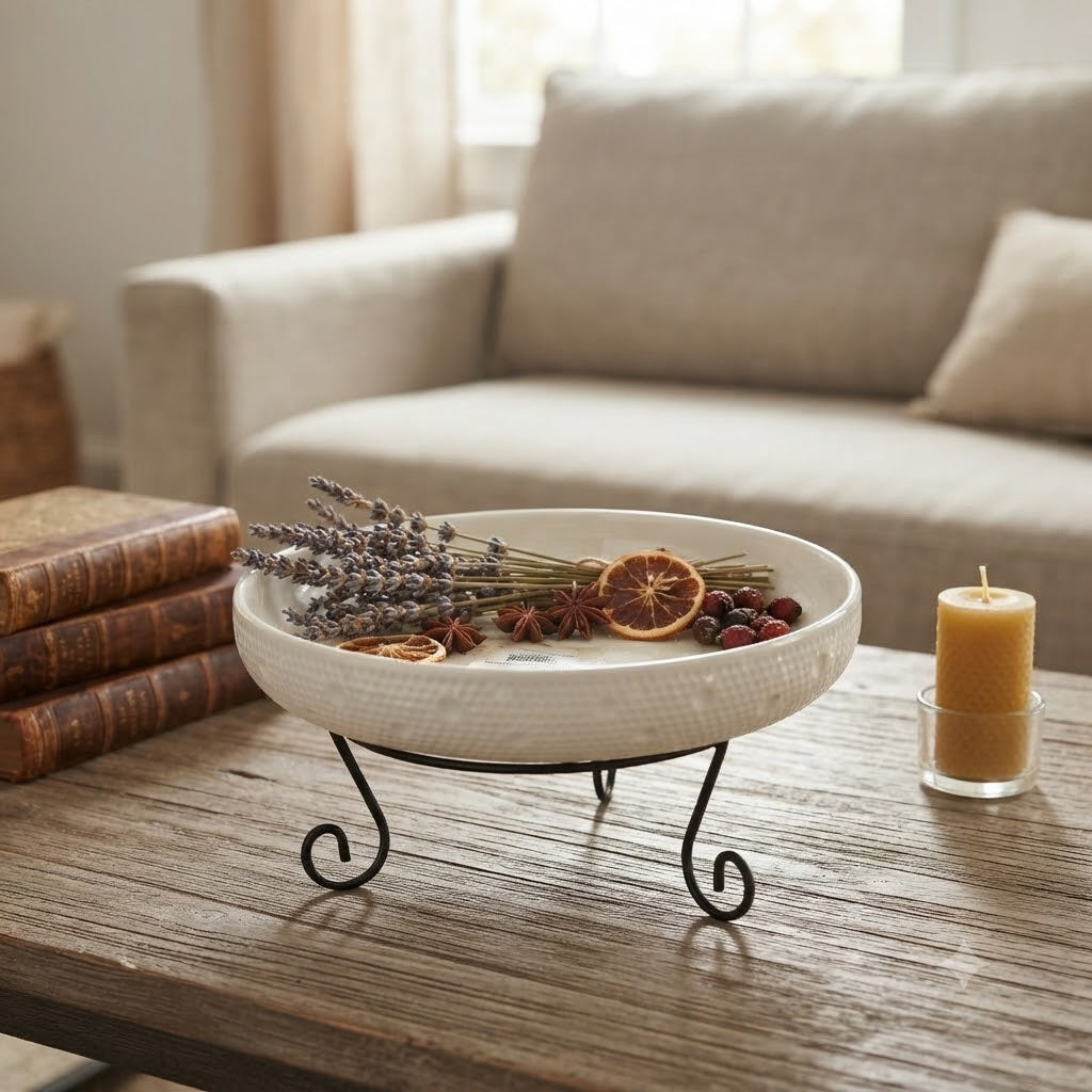 Footed Platter with Black Metal Stand 22.8cm Ceramic White at Zubaidas Homestore Pakistan