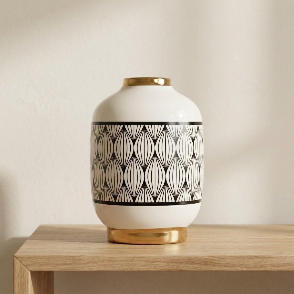 Geometric Pattern Decorative Vase with Golden Rim at Zubaidas Homestore