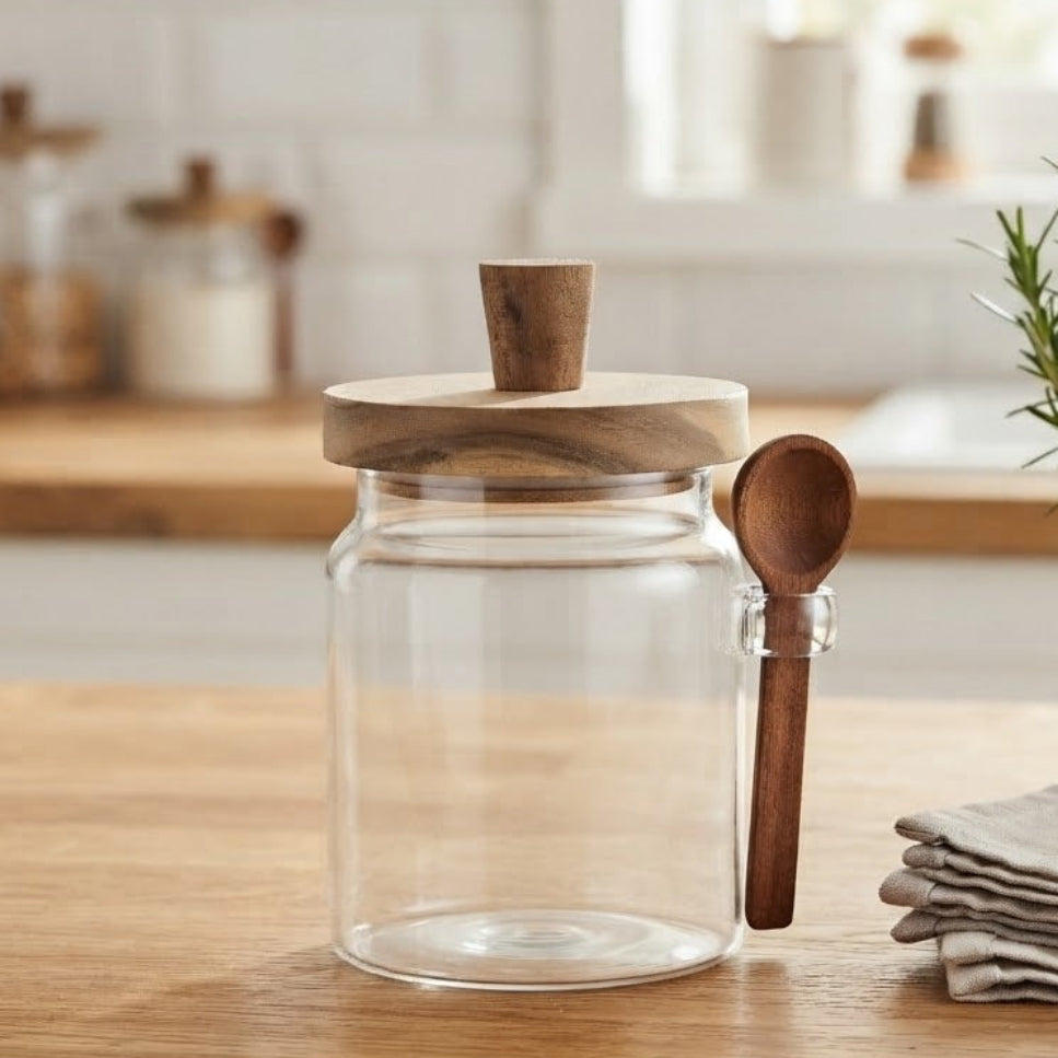 Glass Food Storage Jar with wooden Lid and Spoon 500ml at Zubaidas Homestore