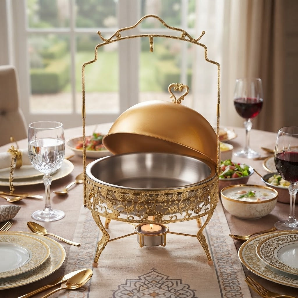 Gold Hanging Buffet Server with Dome Lid and Stand at Zubaidas Homestore