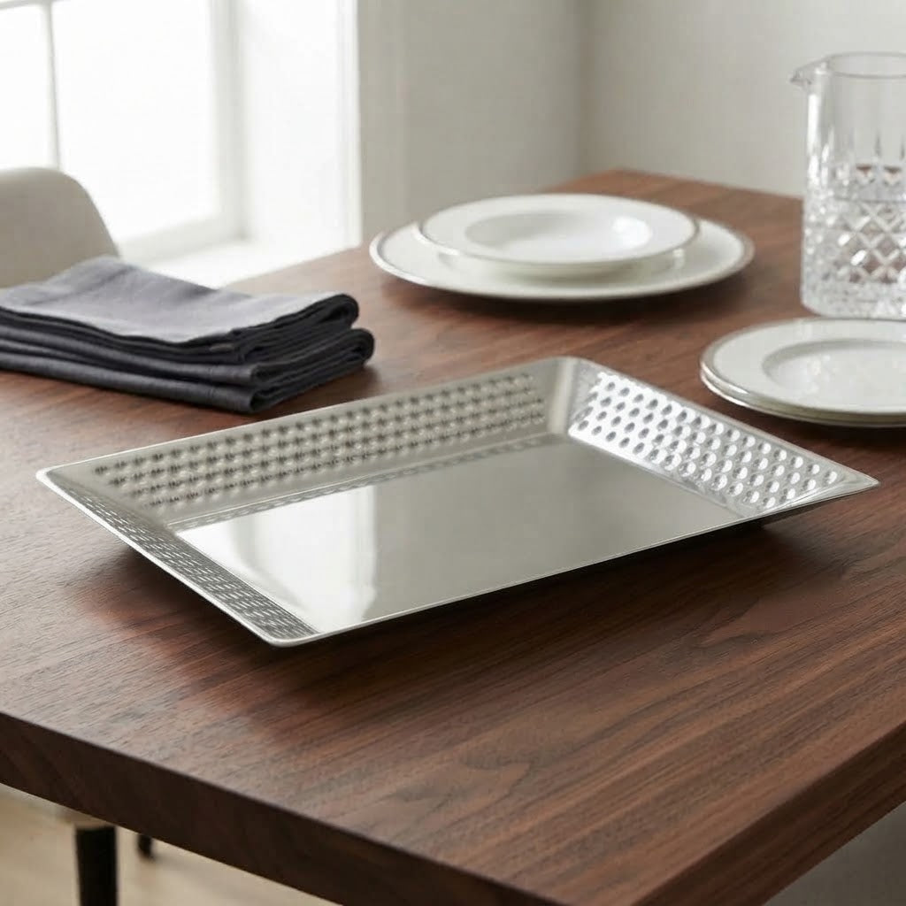 Hammered Rectangular Serving Platter 30cm Silver at Zubaidas Homestore