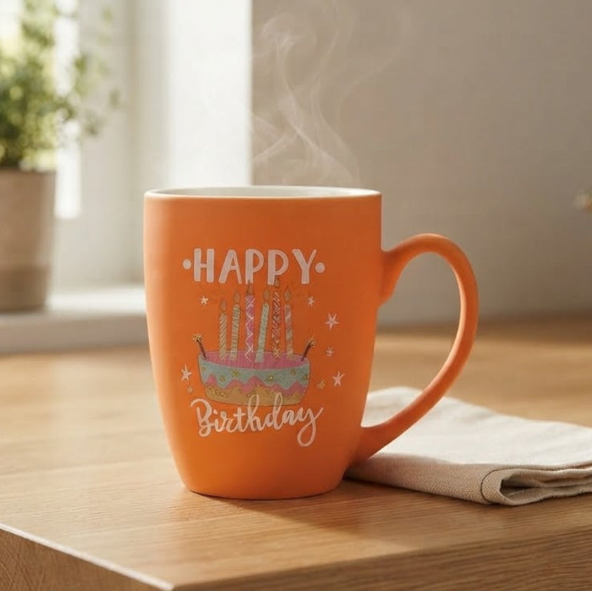 Happy Birthday Printed Ceramic Coffee Mug Orange at Zubaidas Homestore
