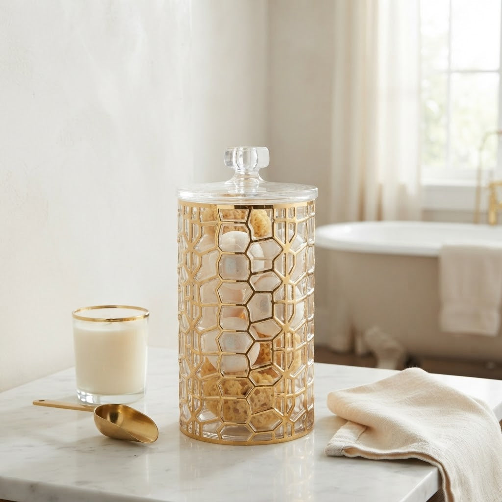 Large Round Brick Pattern Acrylic Jar With Gold Trim at Zubaidas Homestore