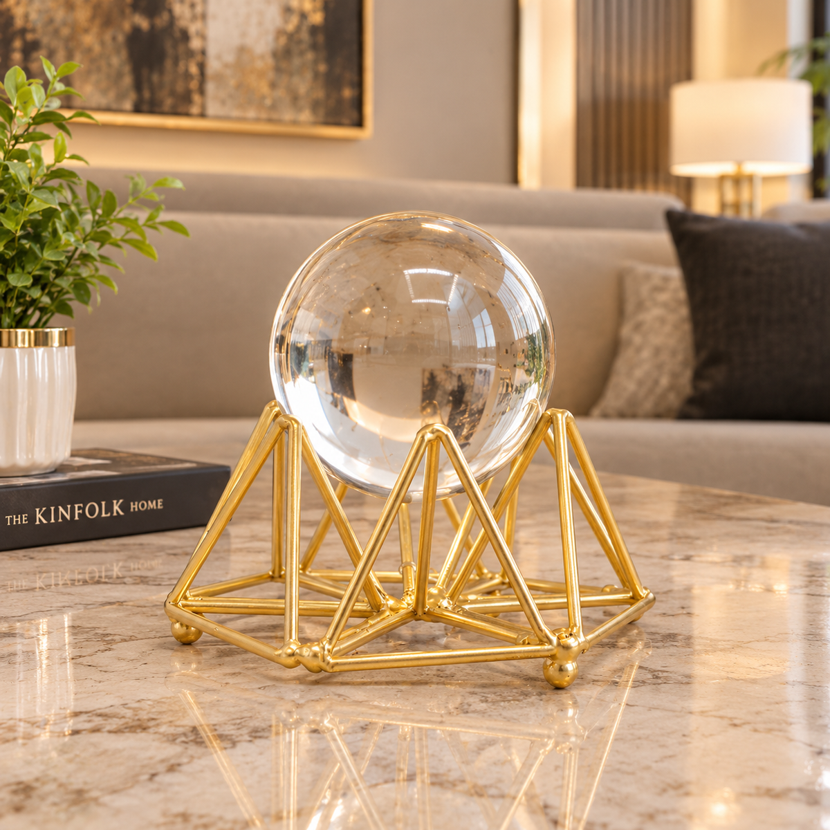 Luxury Crystal Ball with Golden Geometric Stand at Zubaidas Homestore