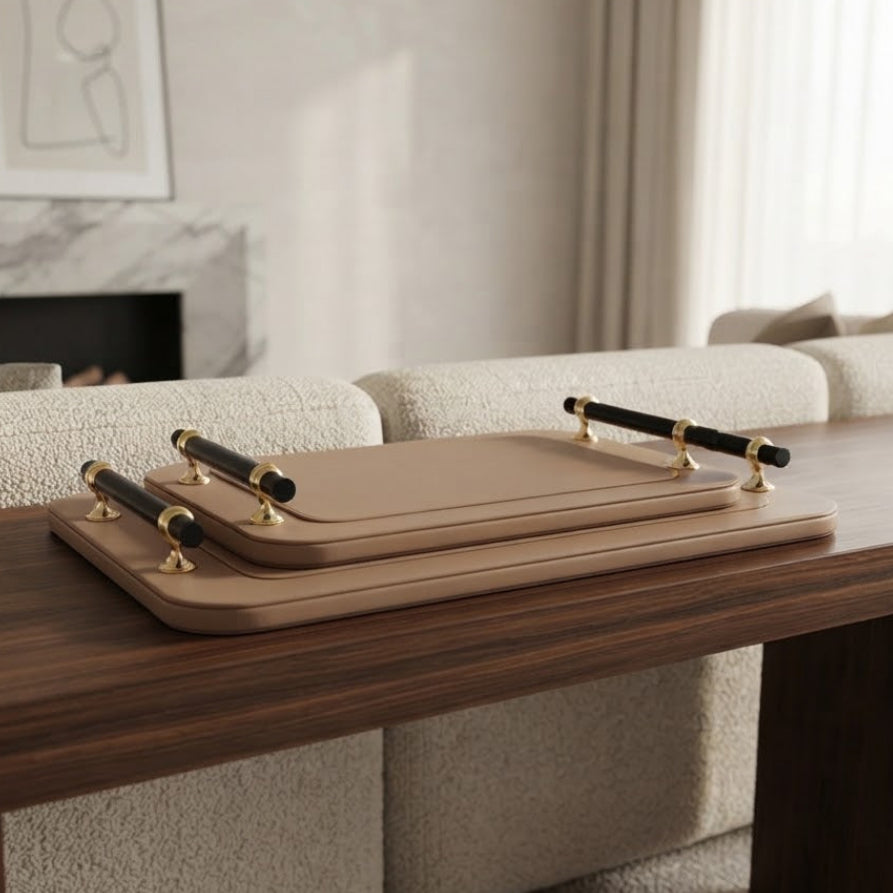 Luxury Faux Leather Serving Tray with Black Handle 2 Pieces Set at Zubaidas Homestore
