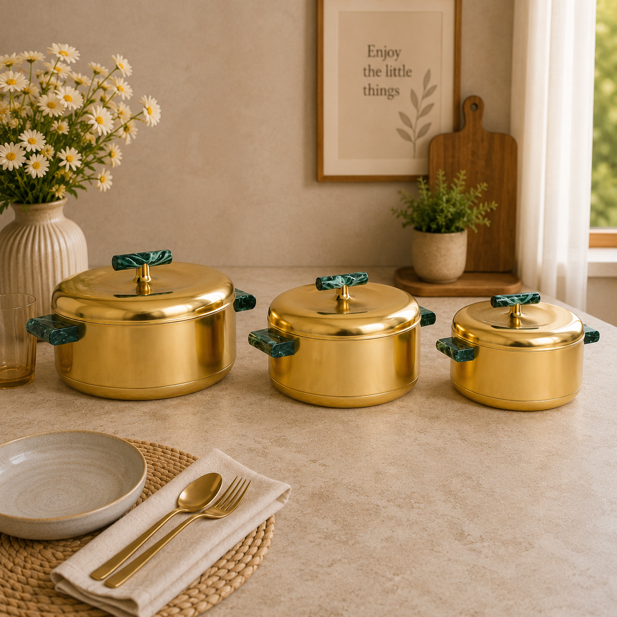 Luxury Gold Finish 3 Piece Hot Pot Set With Green Marble Handles at Zubaidas Homestore Pakistan