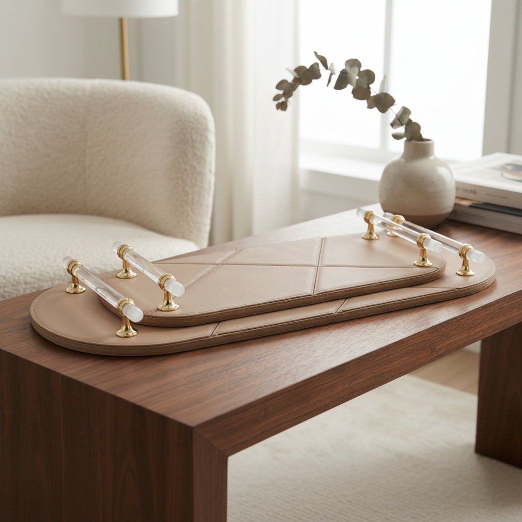 Luxury Leather Oval Serving Tray with Acrylic Handles 2 Pieces Set at Zubaidas Homestore