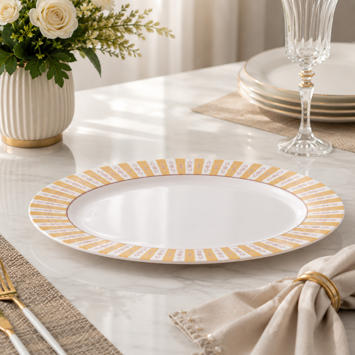 Melamine Print Golden Stripe Oval Serving Plate at Zubaidas Homestore