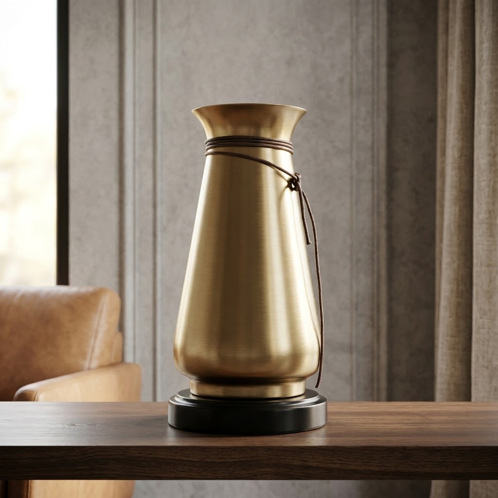 Modern Brass Vase with Leather Accent at Zubaidas Homestore