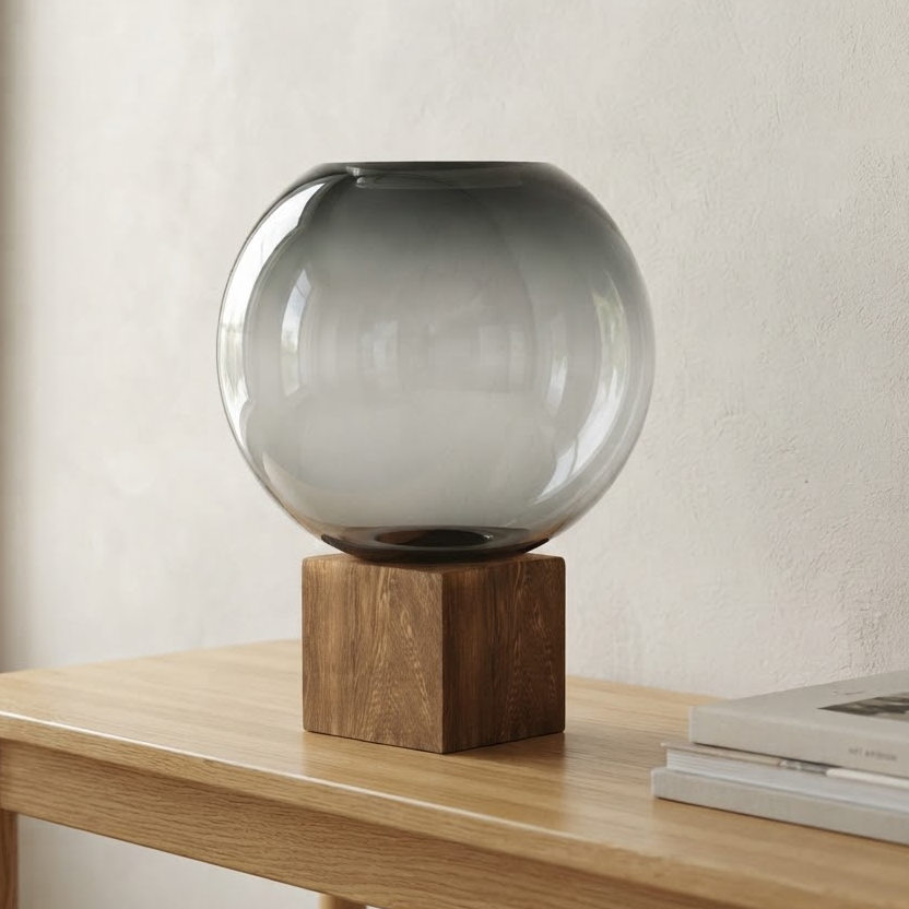 Modern Smoke-Grey Spherical Glass Vase on Wooden Base at Zubaidas Homestore