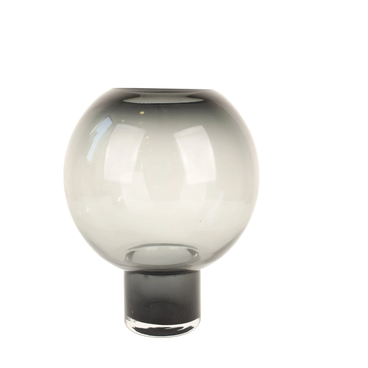 Modern Smoke-Grey Spherical Glass Vase on Wooden Base at Zubaidas Homestore Pakistan