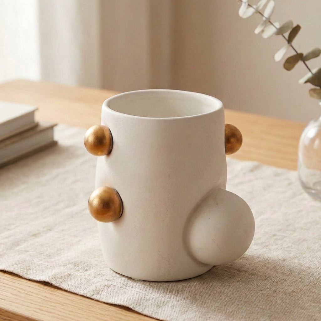 Modern White Ceramic Vase with Golden Beads at Zubaidas Homestore